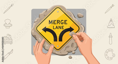Merge Lane Sign Installation Depicting Fine Art Handcrafting Process Skillfully Shaping