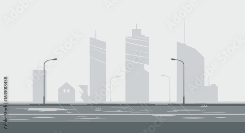 Modern Cityscape In A Grey Palette On A Rainy Day Illustration