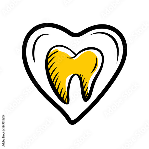 Heart-shaped illustration with elements of dentistry, hand-drawn in the style of a doodle
