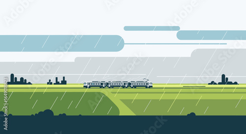 Modern Train Passing Through A Green Landscape On A Rainy Day Minimal Design