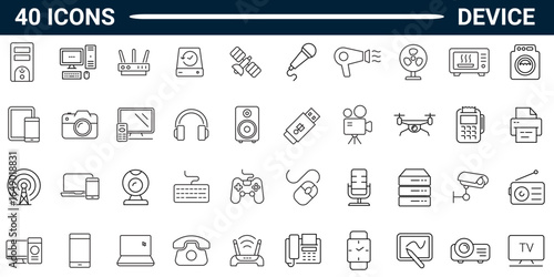 Device outline style icon set with editable stroke. Vector Illustration. 