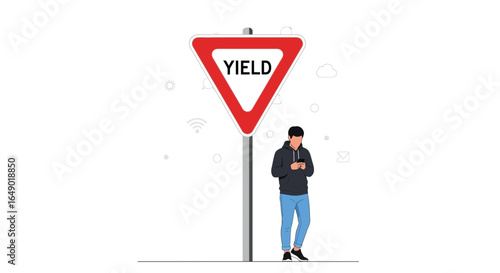 Modern Youth With Smartphone Ignoring the Yield Sign in a Careless World