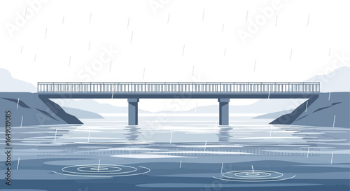 Monochromatic illustration of a bridge over water in the rain providing a somber mood