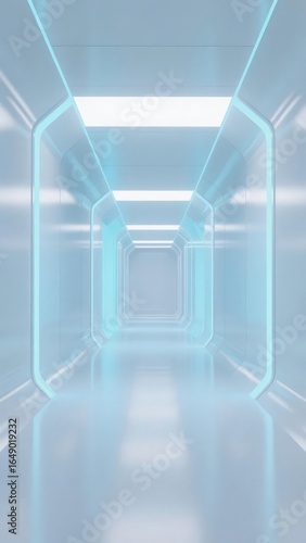 Futuristic Tunnel with Blue Lighting and Reflective Surfaces