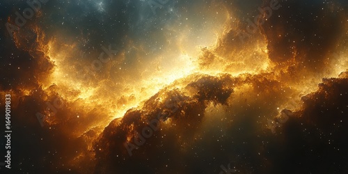 Cosmic clouds illuminate the night in a vibrant display of golden hues in deep space