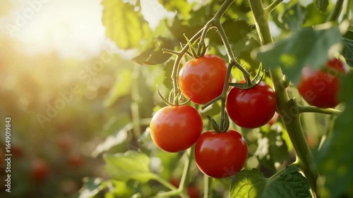 Vibrant red tomatoes ripen in the sun, attached to a flourishing vine. The image captures a moment of freshness. 