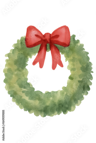christmas wreath with red bow isolated watercolor festive illustration