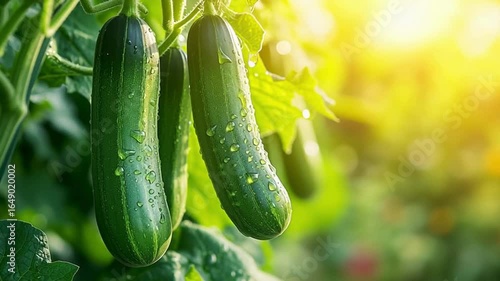 Fresh, green cucumbers, glistening with dew, hang from a verdant vine in a sunlit garden. The crisp, vibrant image showcases the freshness and natural beauty of a healthy harvest.