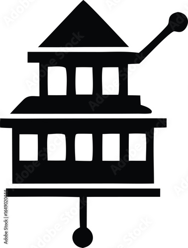 Stylized silhouette of a tibetan prayer wheel with a handle and a hanging weight symbolizing spiritual practice