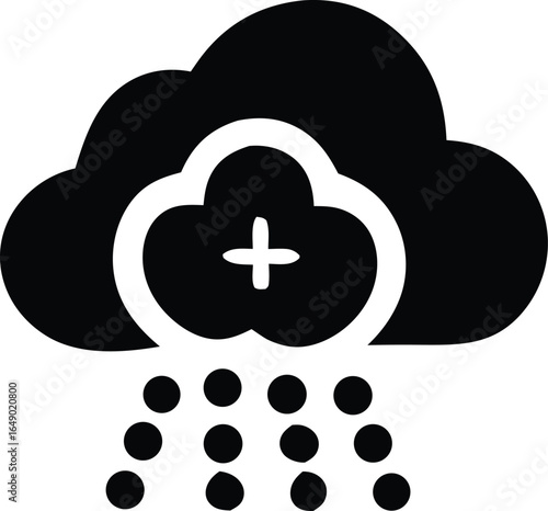 Digital cloud computing icon with plus symbol and data rain representing cloud services and information technology