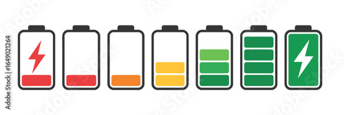 Battery charge levels from low to full green indicating power capacity and energy efficiency