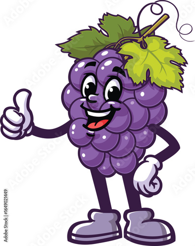 Cartoon mascot of grapes with thumbs up pose