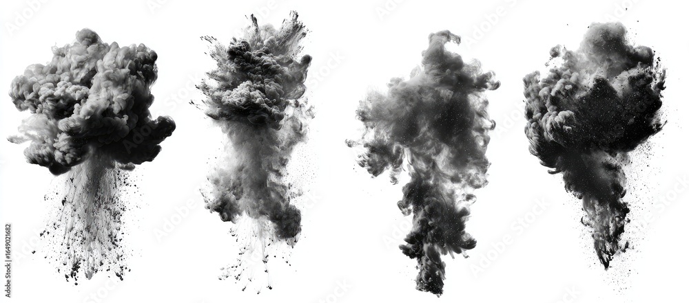 Fototapeta premium Four dark plumes of smoke or ink splatter against a white background