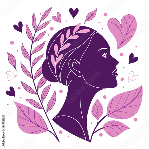 Black Woman Silhouette with Floral Hearts and Leaves.

