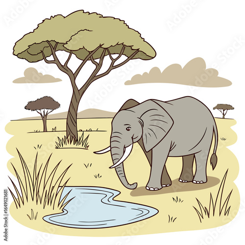 Elephant at Watering Hole - Savanna Illustration.


