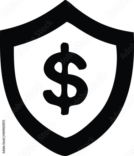 A bold black outline of a shield encasing a prominent dollar sign symbolizing financial security and protection