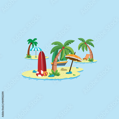 Vector illustration of a fresh flat design of a tropical island with palm trees and a lounge chair