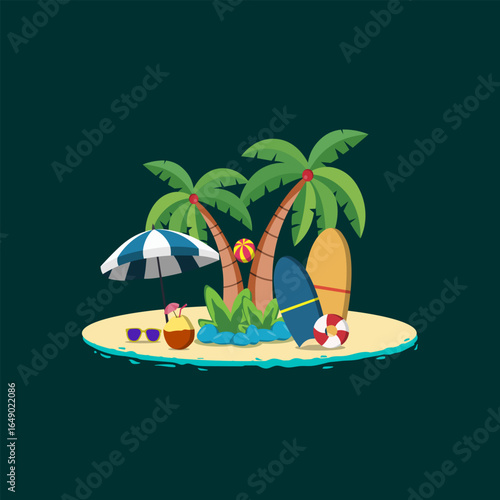Vector illustration of a fresh flat design of a tropical island with palm trees and a lounge chair