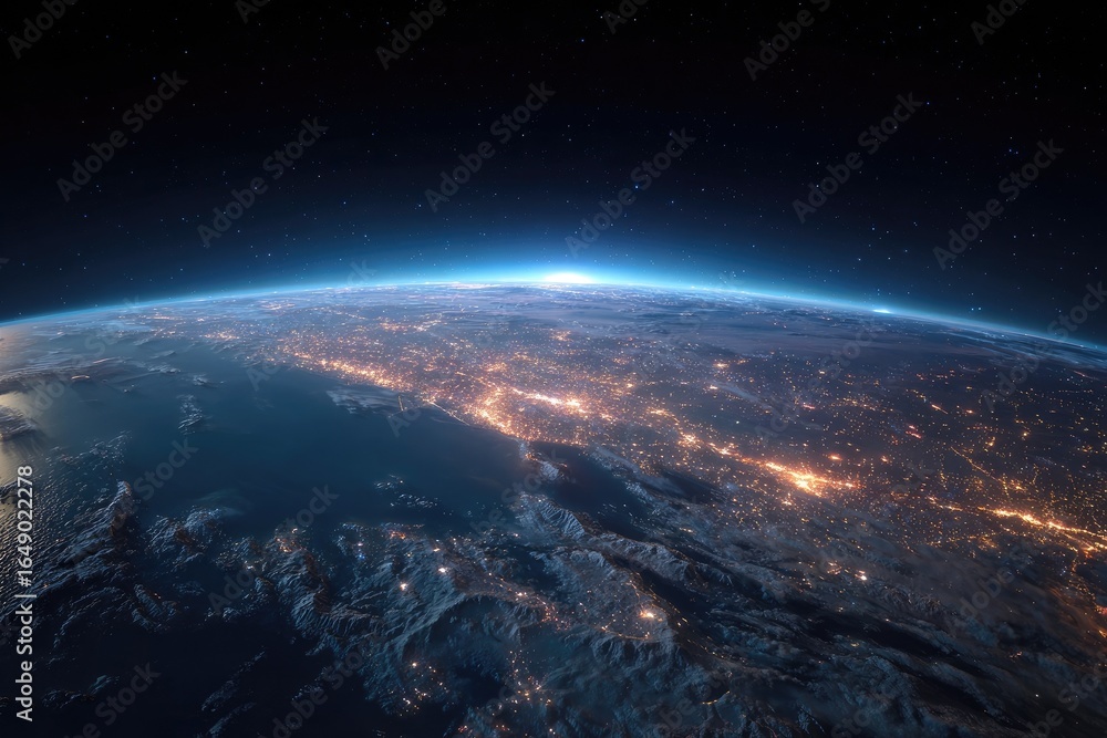 Fototapeta premium Earth at night, city lights over mountains and seas