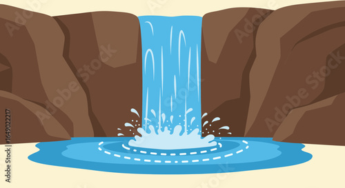 A powerful waterfall cascades down a rocky cliff into a blue pool of water with visible spray.