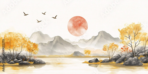 The sunset in the mountains of landscape paintings
