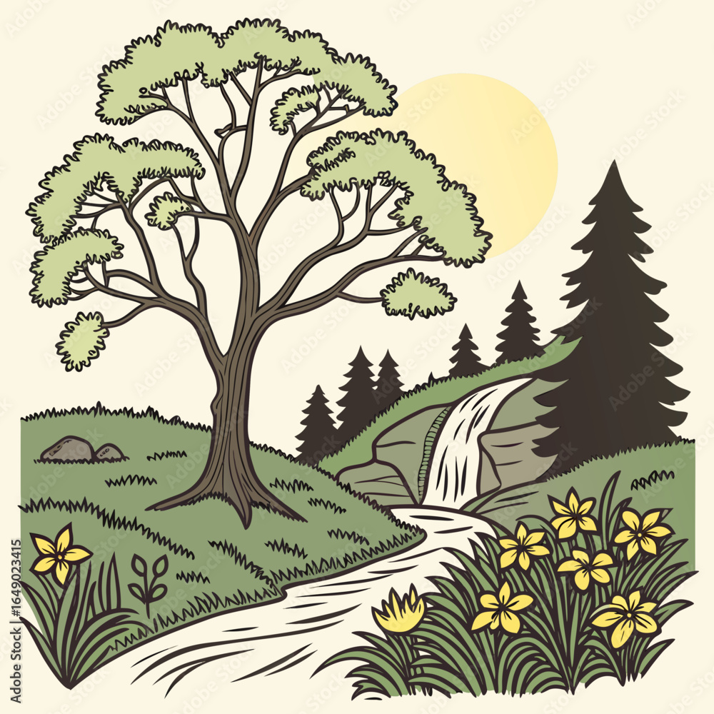 Obraz premium Nature River Landscape Vector Illustration.