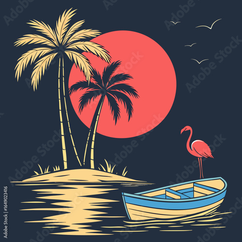 Tropical Sunset Paradise with Flamingo and Boat.

