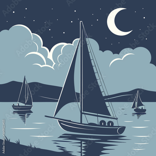 Night Sail: Boats on a Moonlit Ocean.

