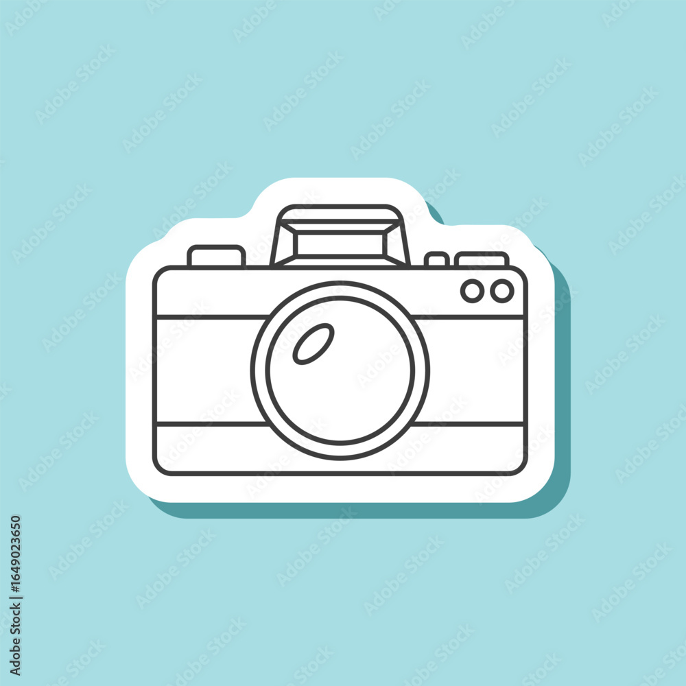 Fototapeta premium Camera sticker icon in flat style. Photography equipment vector illustration on isolated background. Photo sign business concept.