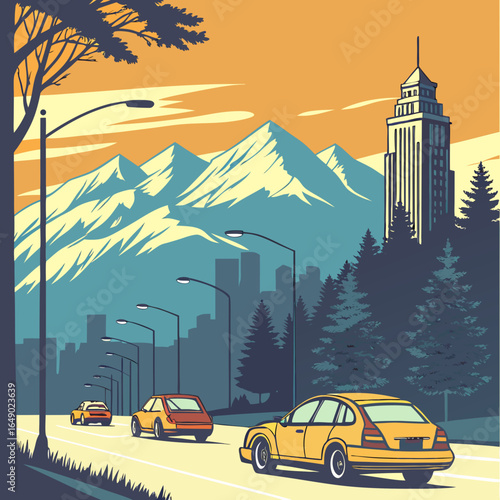 Retro City Road Trip Illustration.

