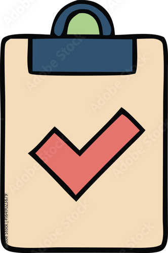 Hand drawn illustration of a clipboard with a large red checkmark signifying completion or a task accomplished