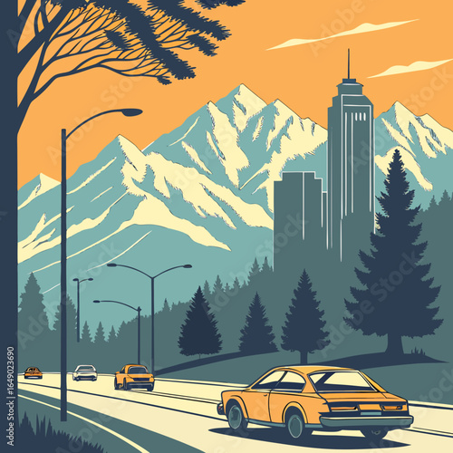 Retro City Road Trip Illustration.

