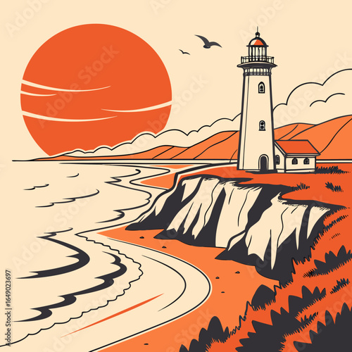 Lighthouse Sunset, Coastal Icon, Orange Seascape.

