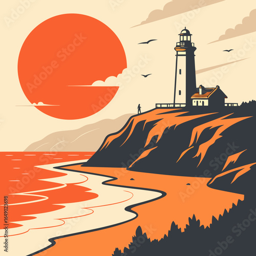 Sunset Lighthouse Illustration: Coastal Calm.

