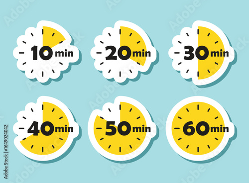 From 10 minutes to 60 minutes on stopwatch sticker icon in flat style. Clock face timer vector illustration on isolated background. Countdown sign business concept.