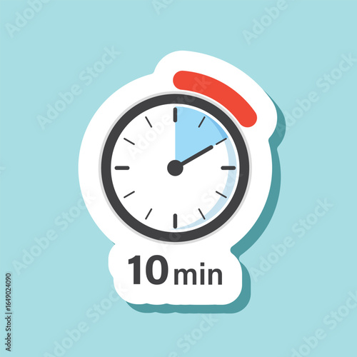 10 minutes on stopwatch sticker icon in flat style. Clock face timer vector illustration on isolated background. Countdown sign business concept.