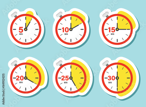 From 5 minutes to 30 minutes on stopwatch sticker icon in flat style. Clock face timer vector illustration on isolated background. Countdown sign business concept.