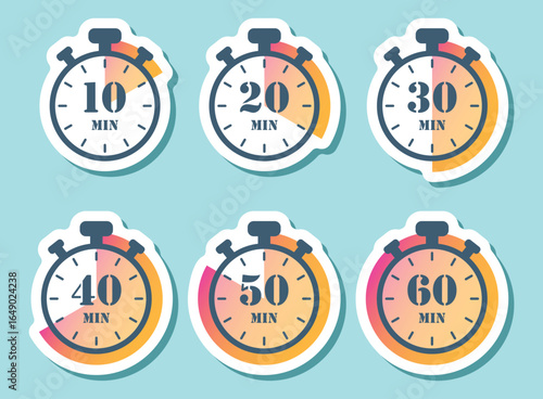 From 10 minutes to 60 minutes on stopwatch sticker icon in flat style. Clock face timer vector illustration on isolated background. Countdown sign business concept.