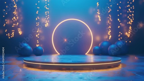 A stage with blue balls and a glowing circle