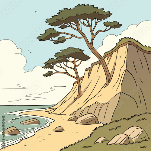 Coastal Cliff Illustration: Tranquil Beach Scene.

