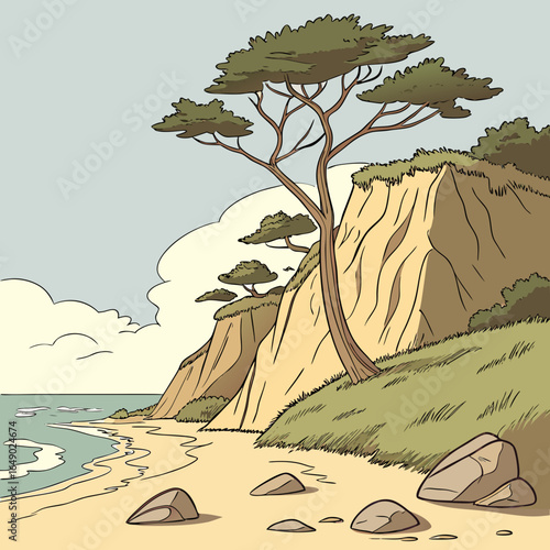 Coastal Cliff Illustration: Tranquil Beach Scene.

