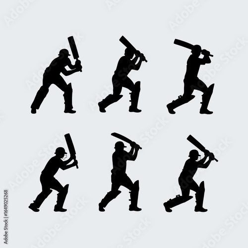 Collection of cricket batsman silhouettes in action isolated on white background