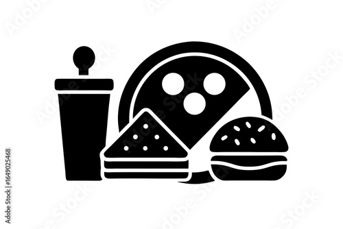 Fast food meal with burger, pizza, drink