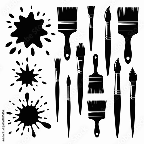 Collection of black paint brushes and splatters silhouette isolated on white background