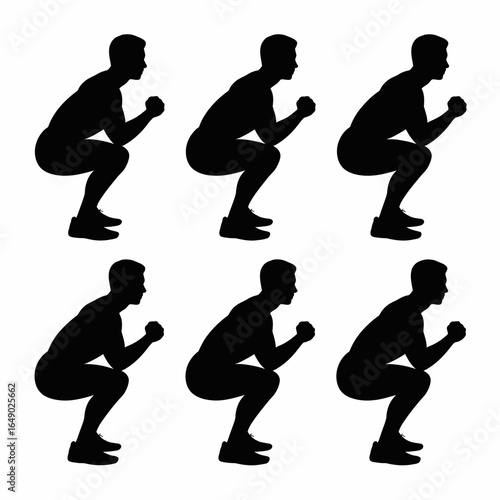 Six male figures performing squats in silhouette isolated on white background