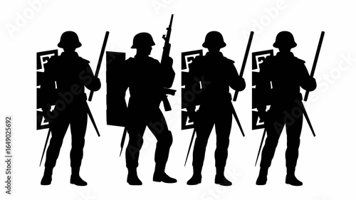 Four riot police officers in silhouette with shields and batons isolated on white background