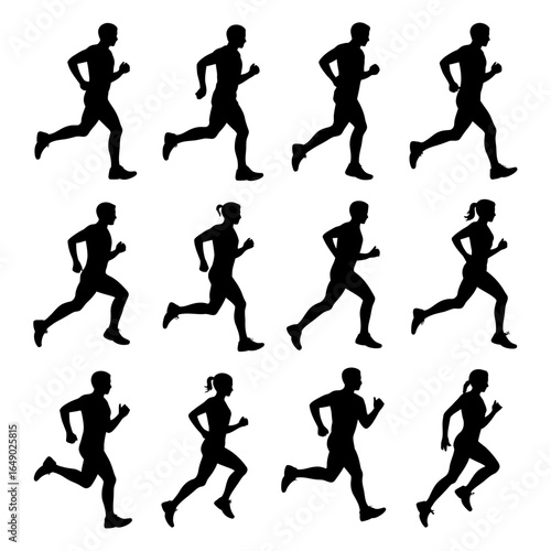 Diverse group of male and female runners in silhouette isolated on white background