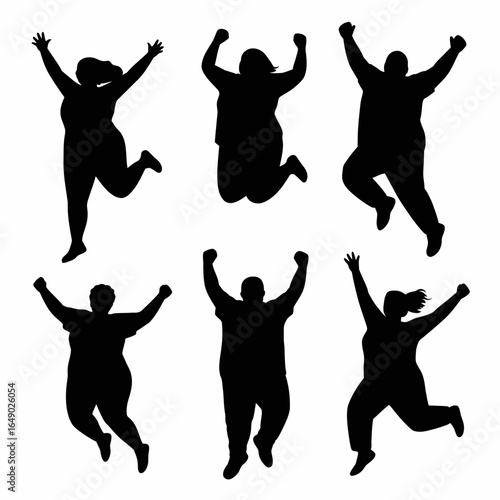 Six diverse people celebrating joyfully jumping silhouette isolated on white background