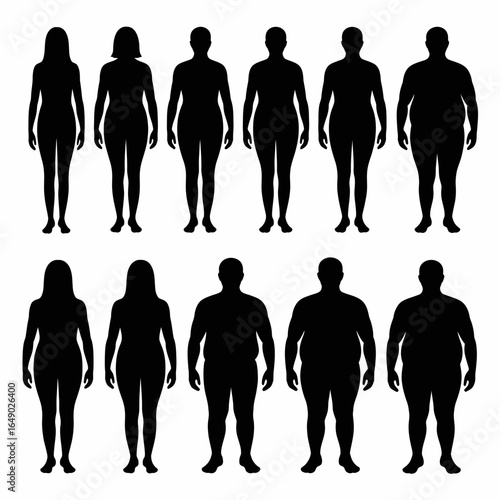 Diverse human body shape silhouettes representing different body mass index categories isolated on white background silhouette