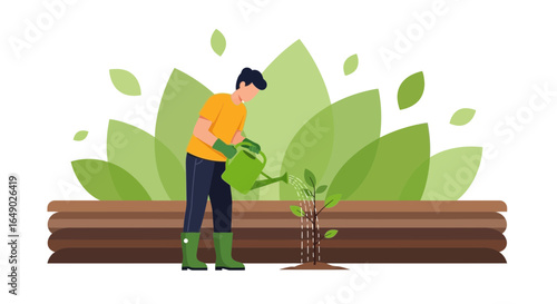 Nurturing Growth Young Man Caring For New Plant In Raised Garden Bed
